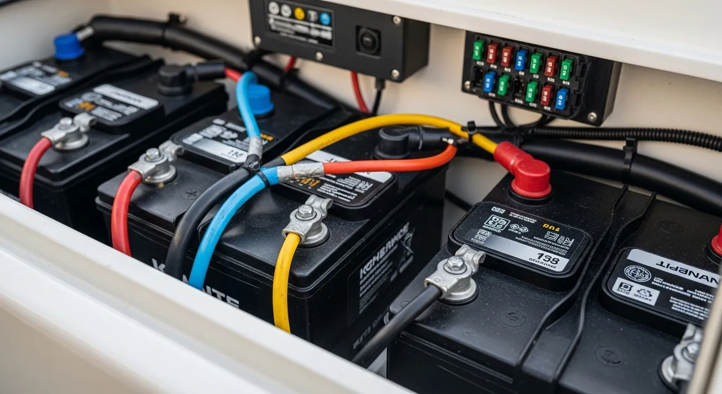 Boat battery compartment with marine wiring