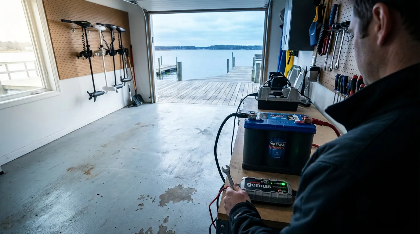Boat battery on charger in winter storage