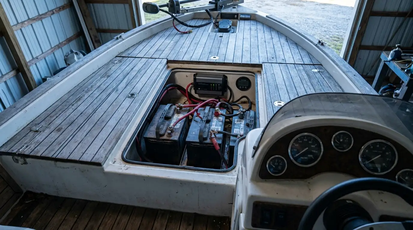 Boat battery system with charger and marine wiring
