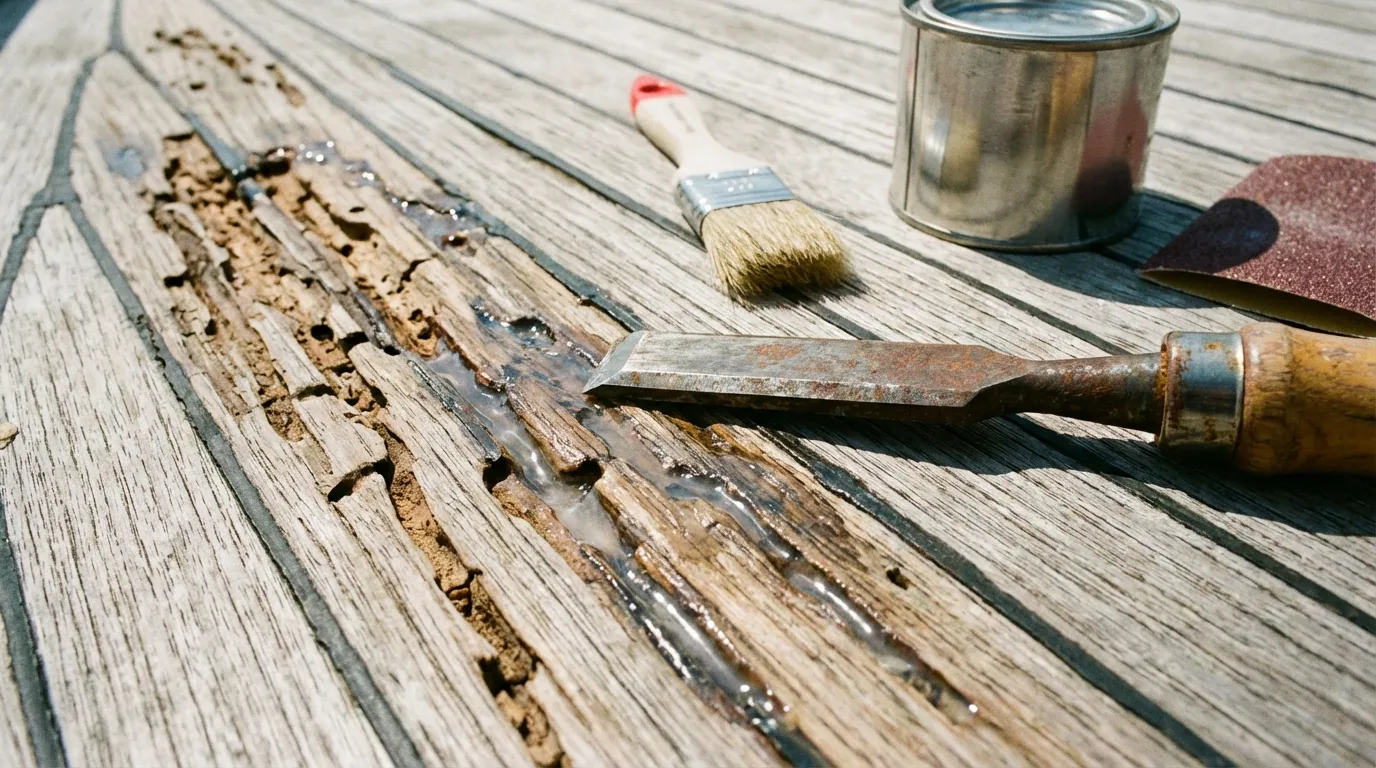 Boat deck wood rot repair in progress