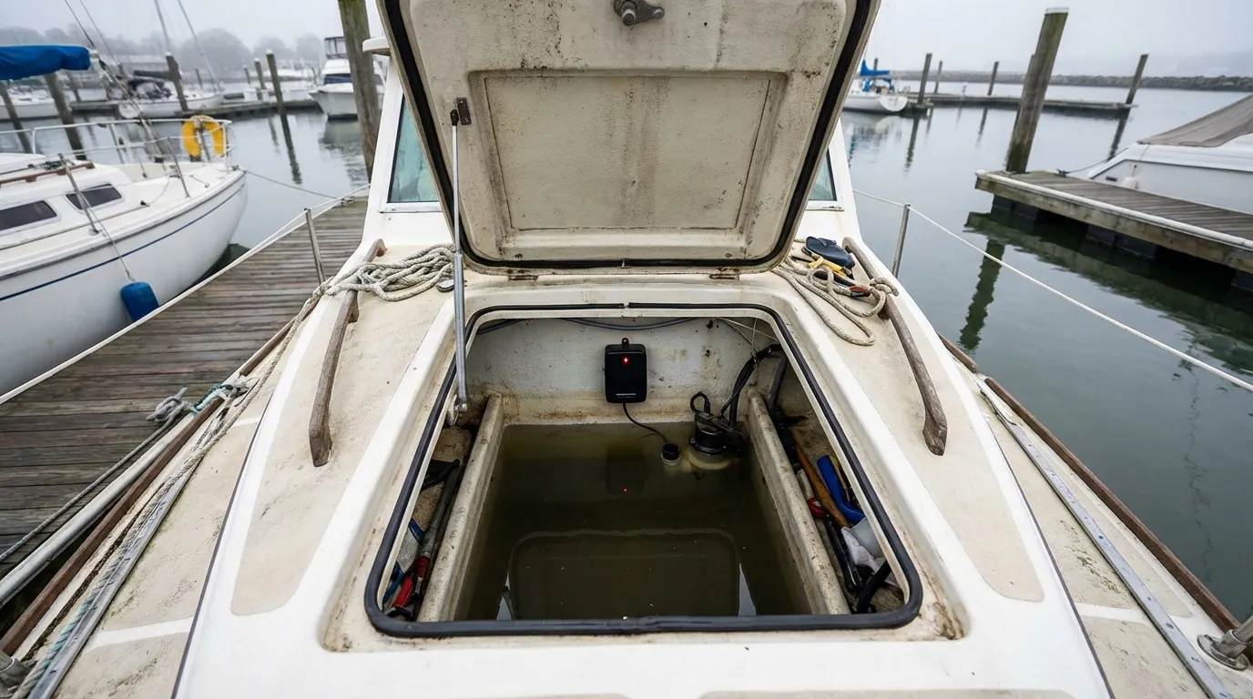 Boat dock with unattended vessel and bilge alarm scenario