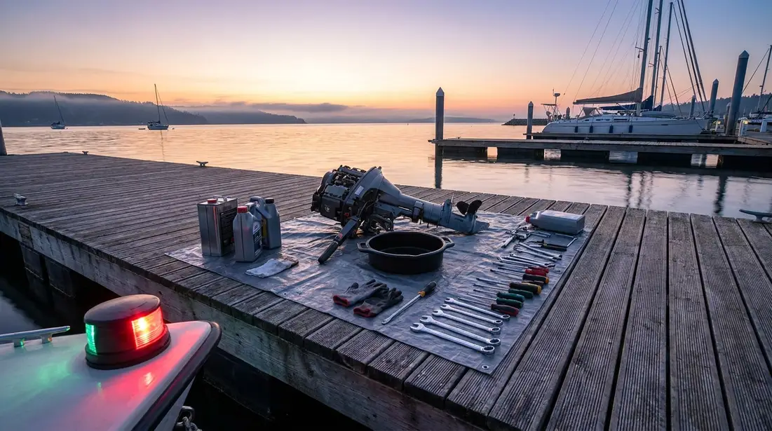 Boat engine service supplies arranged on dock beside outboard motor