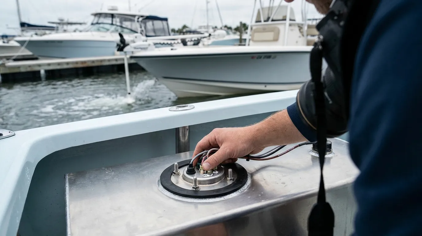 Boat fuel sender mounted on top of a marine fuel tank