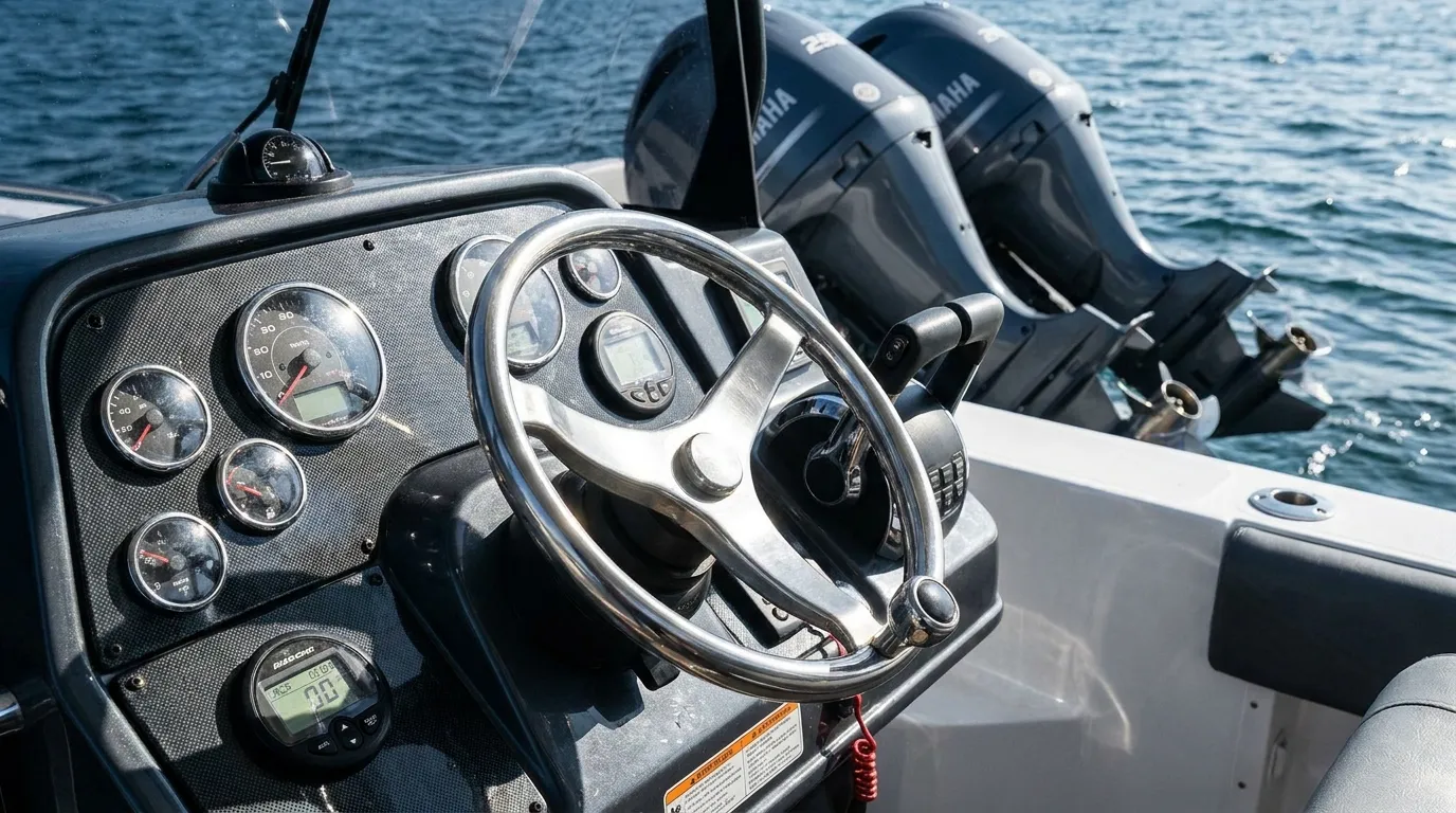 Boat helm and steering wheel on a modern fishing boat