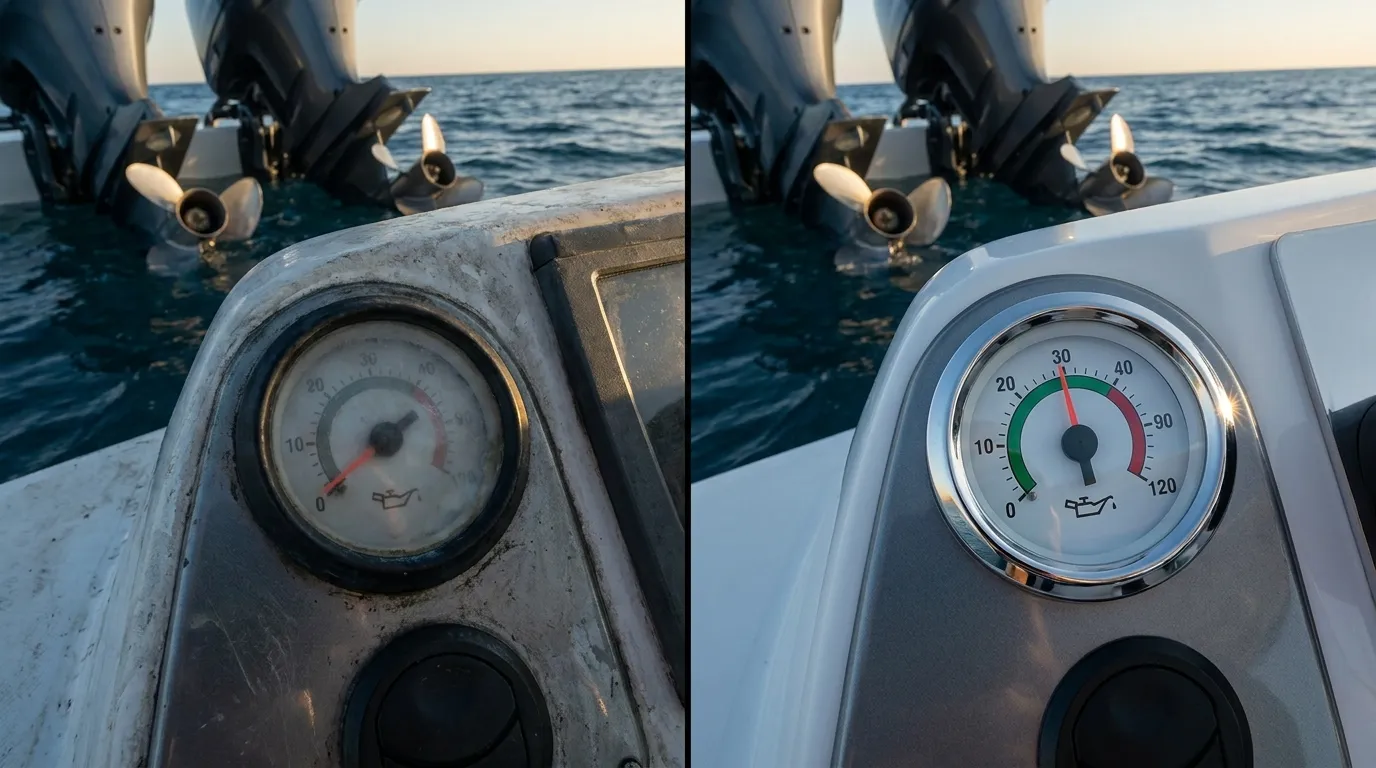 Boat helm with analog oil pressure gauge