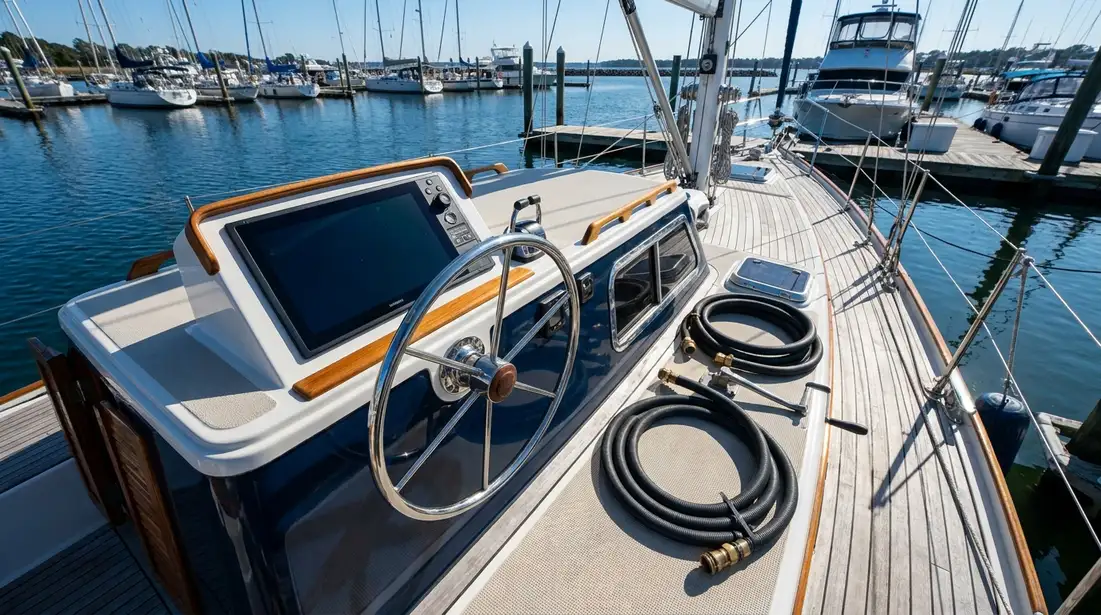 Boat helm with integrated marine navigation display