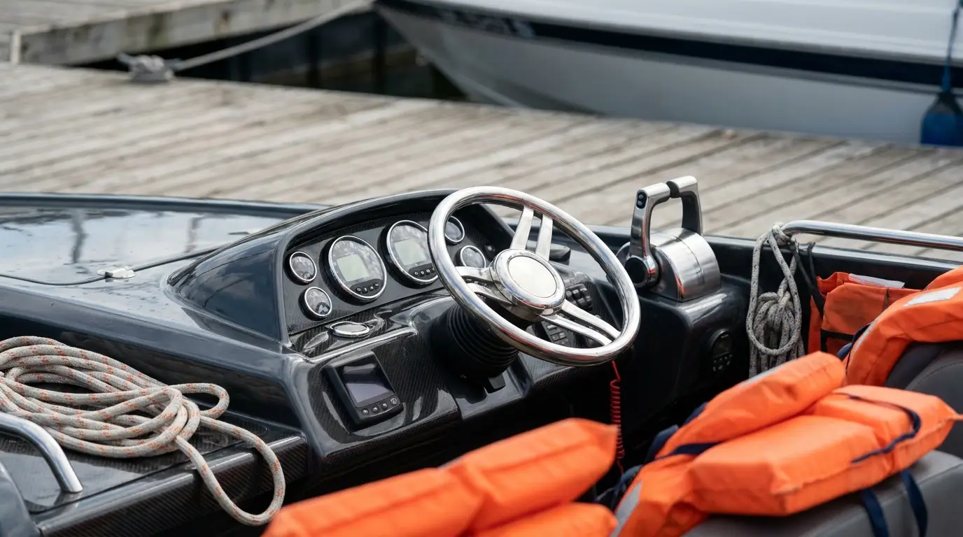 Boat helm with modern steering and digital gauges