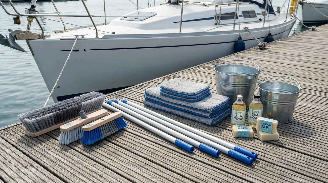 Boat hull and deck cleaning tools laid out