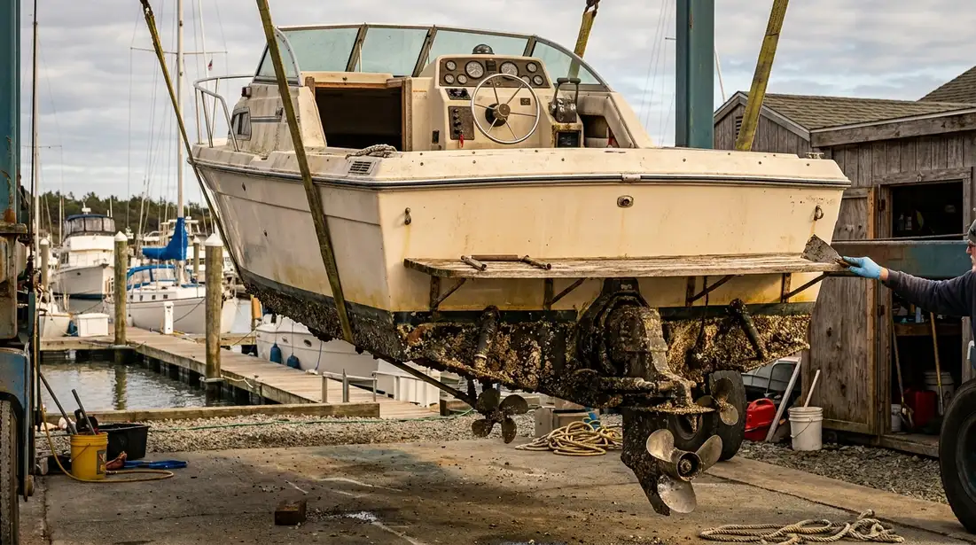 Boat hull being inspected before bottom paint application