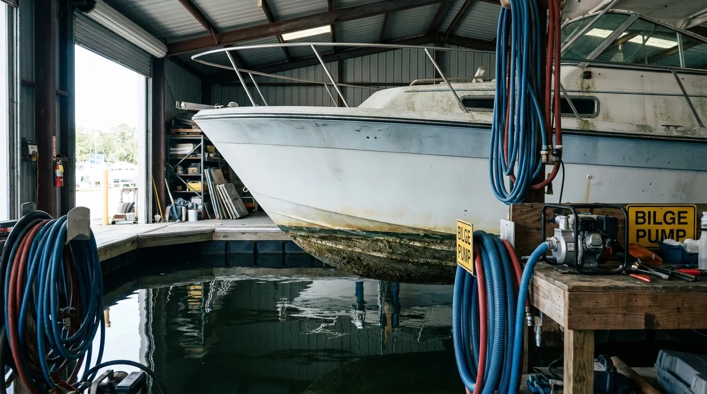 Boat hull in a marina with light algae growth near the waterline