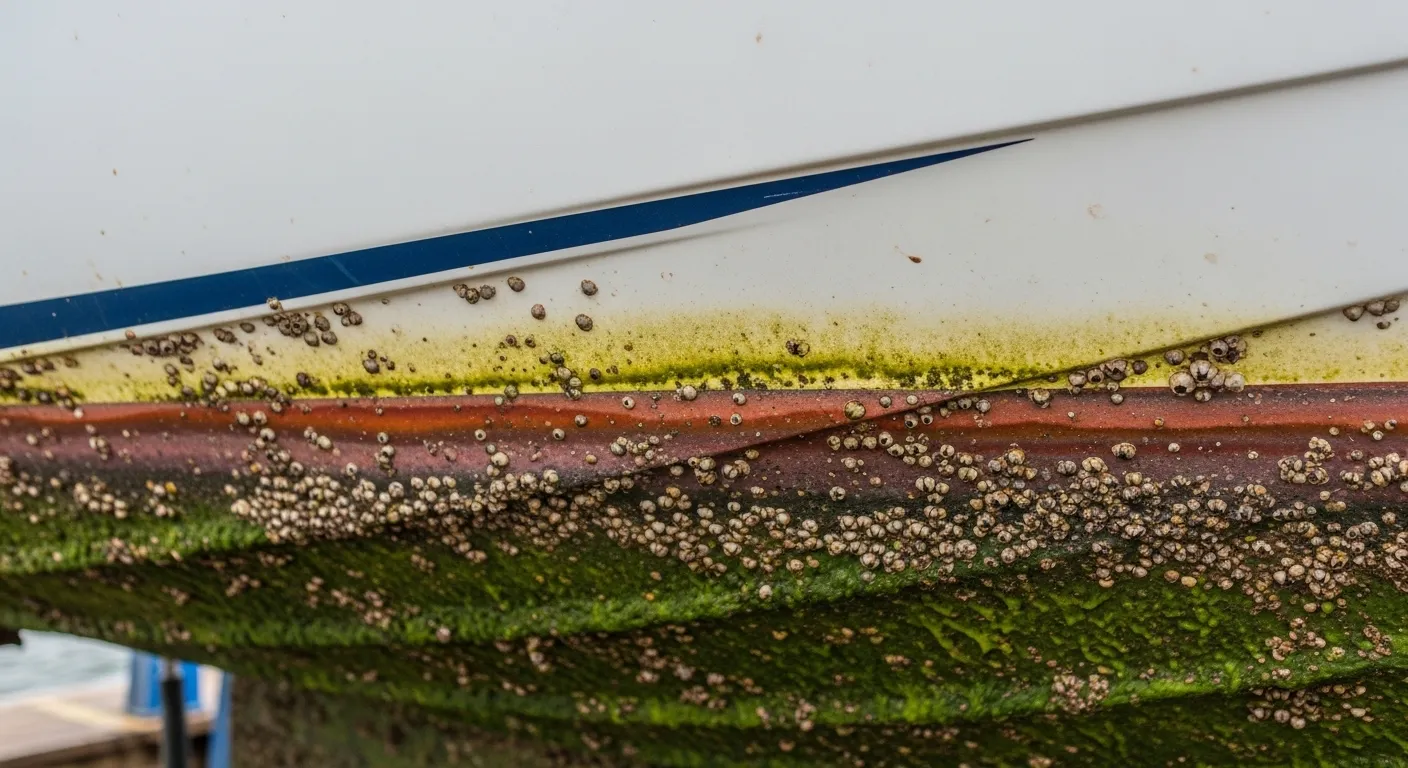Boat hull with marine growth before cleaning