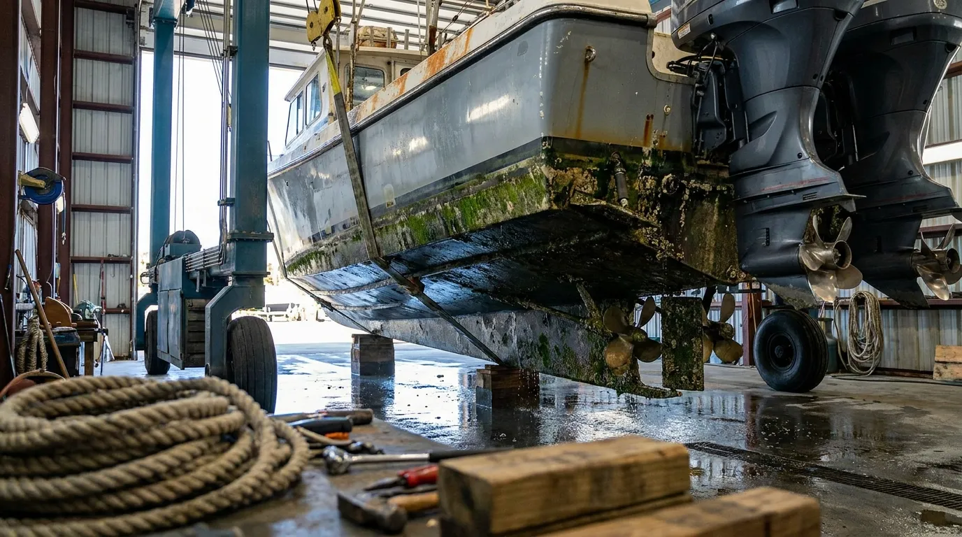 Boat hull with visible clean and fouled sections during haul out