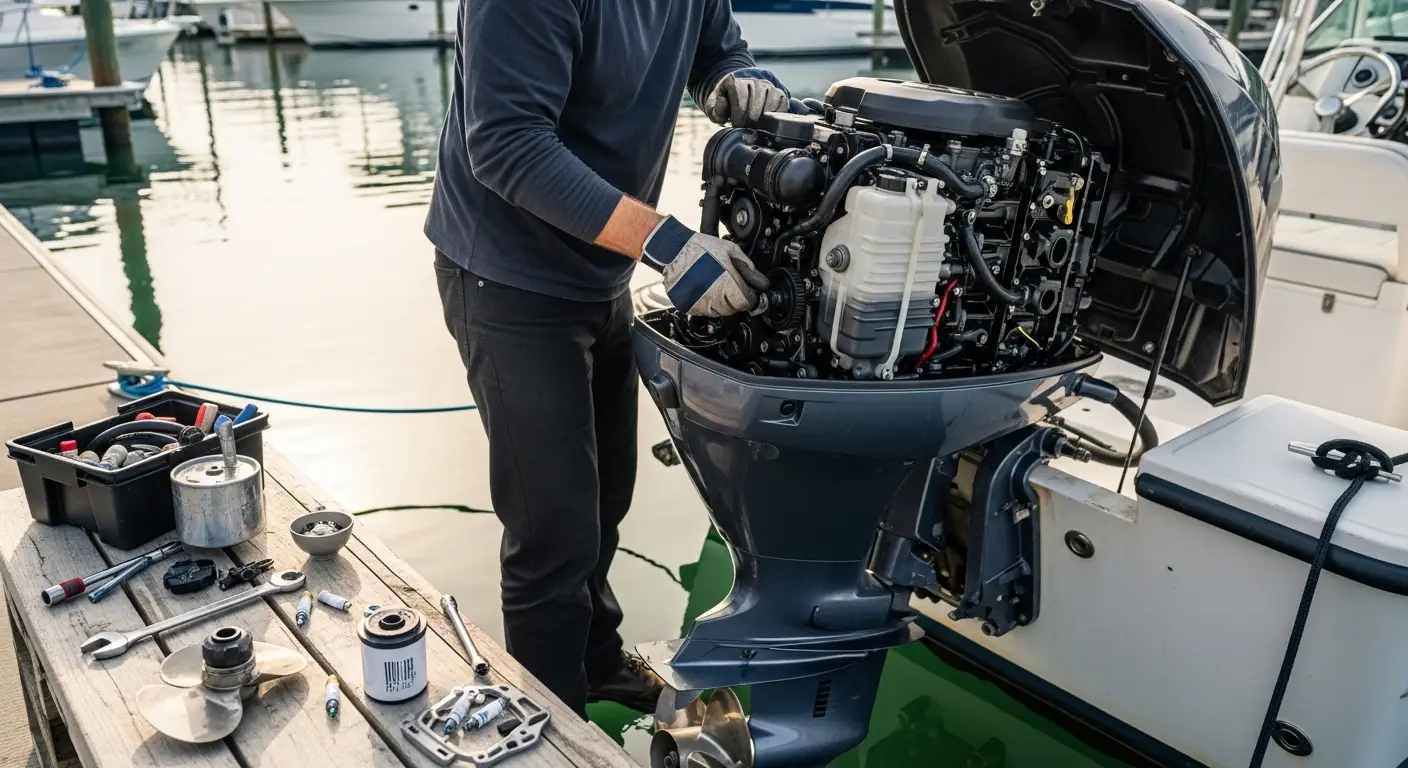 Boat mechanic inspecting an outboard motor