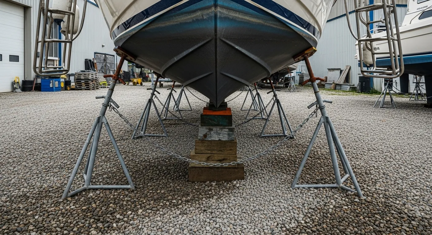 Boat on keel blocks with side stands in a marina yard