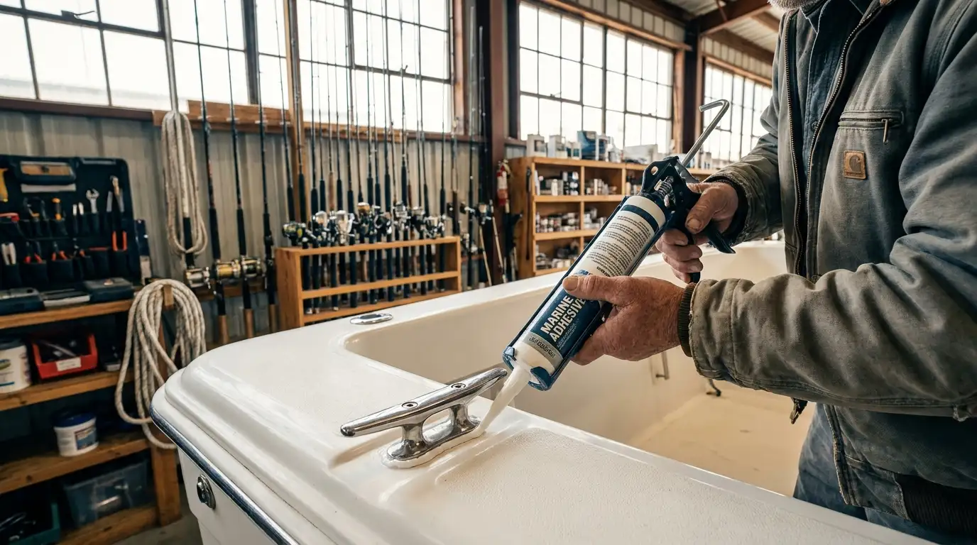 Boat owner applying marine adhesive around deck hardware