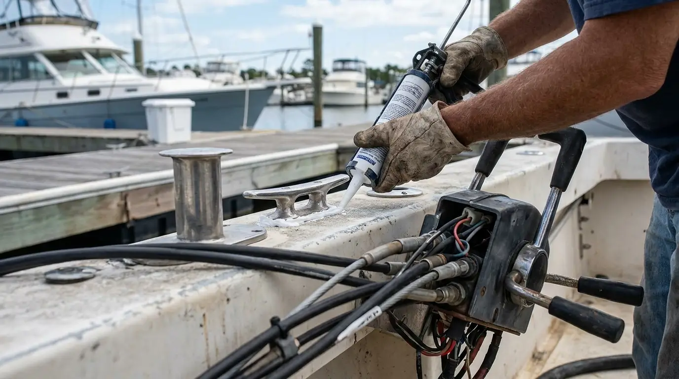 Boat owner applying marine sealant around stainless deck hardware