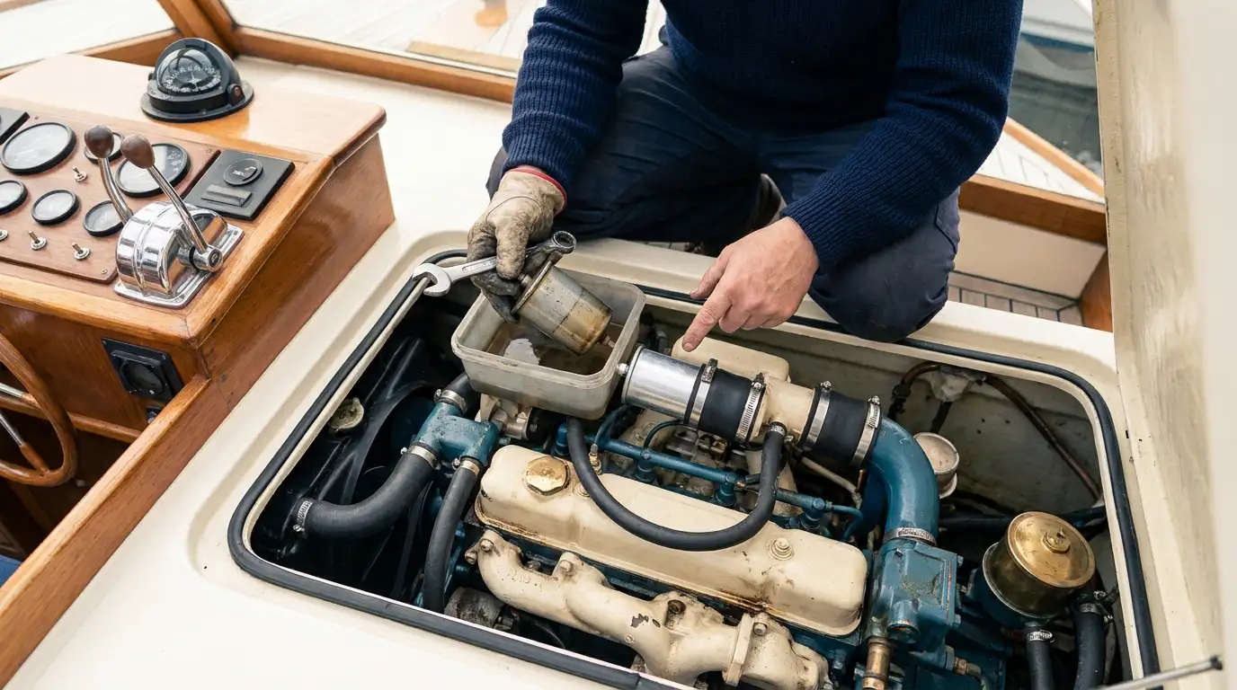 Boat owner changing a marine fuel filter in engine compartment