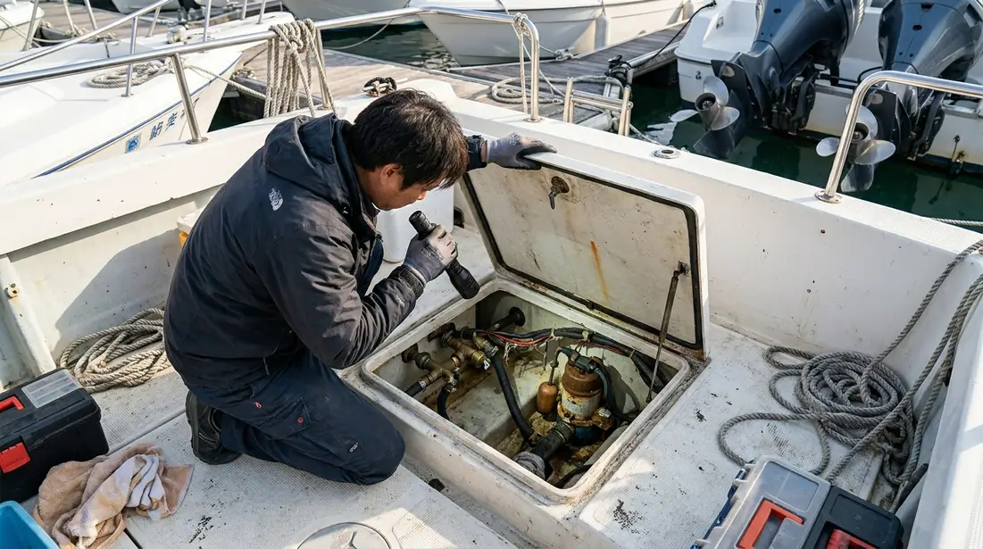 Boat owner checking a bilge area with flashlight