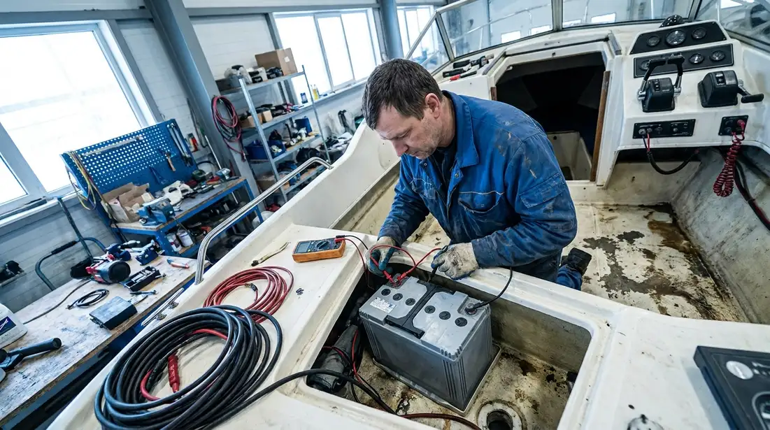 Boat owner checking a marine battery with multimeter