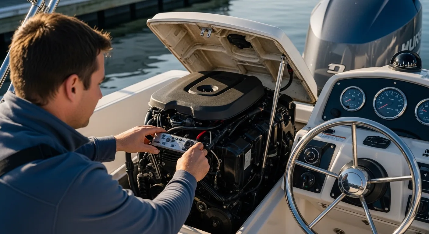 Boat owner checking an outboard motor with engine cover open at dock