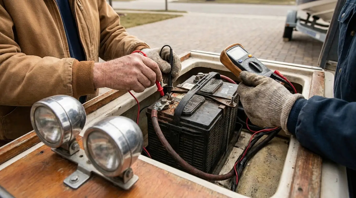 Boat owner checking battery voltage with a digital meter
