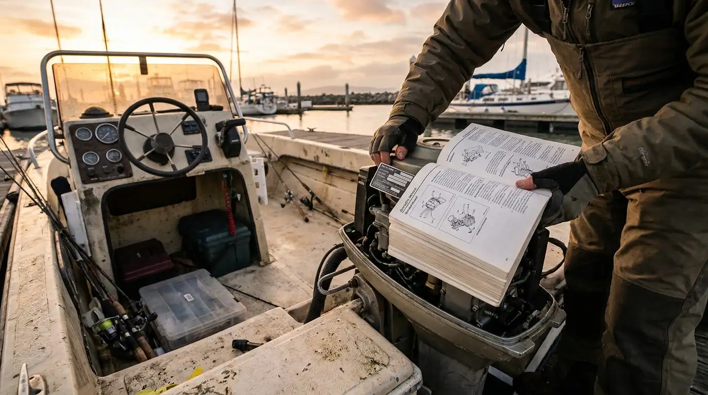 Boat owner checking engine model plate and owner's manual