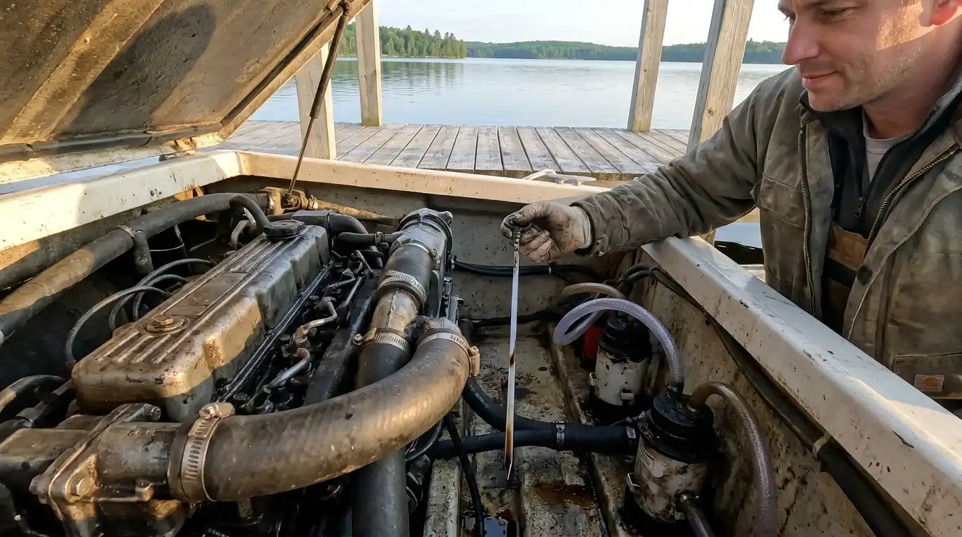 Boat owner checking engine oil before launch