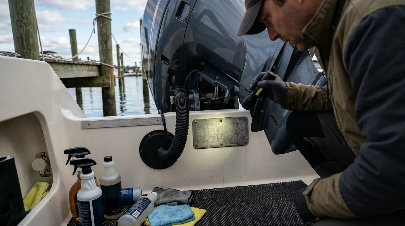 Boat owner checking engine serial plate