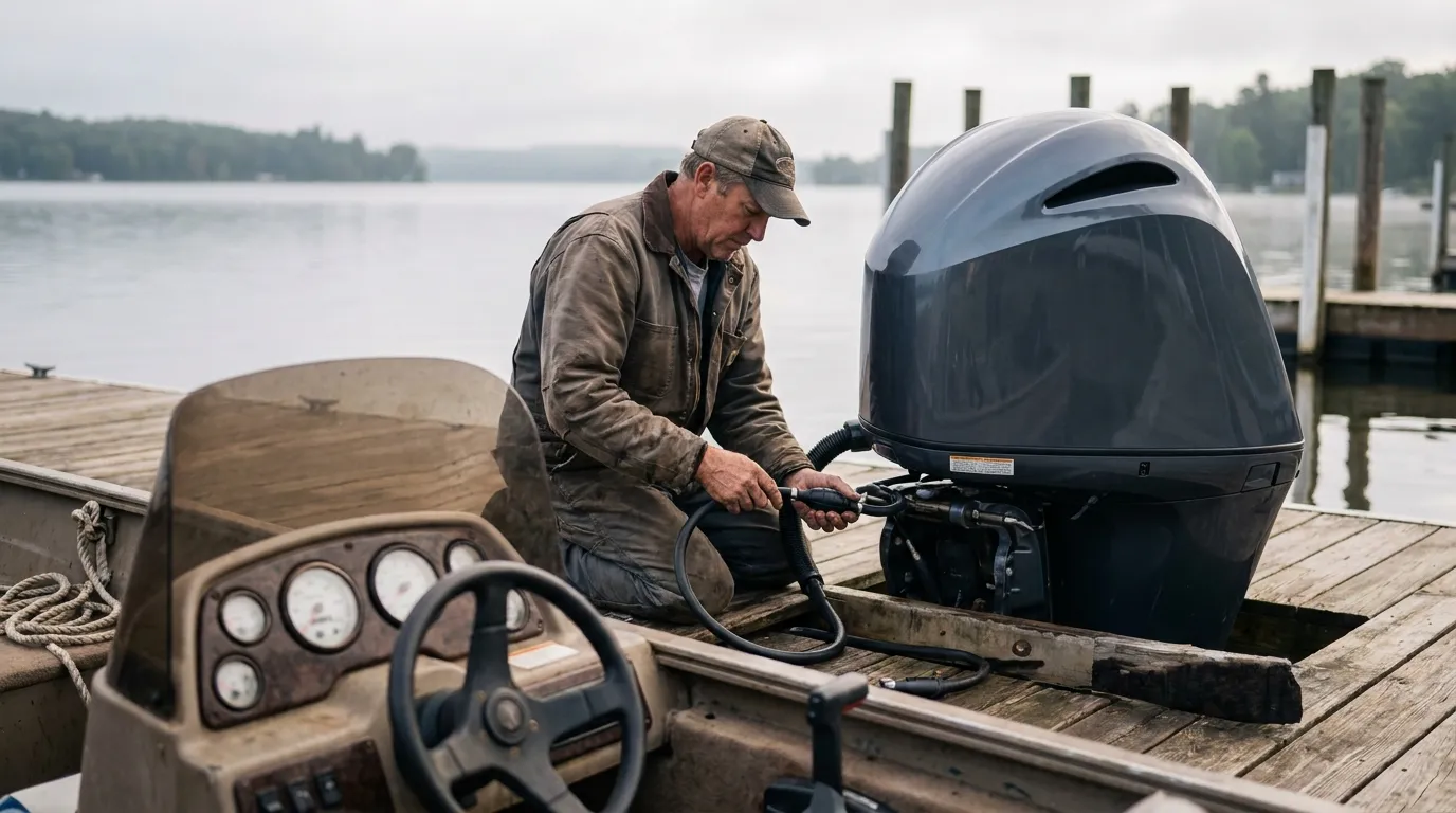 Boat owner checking fuel system on an outboard engine