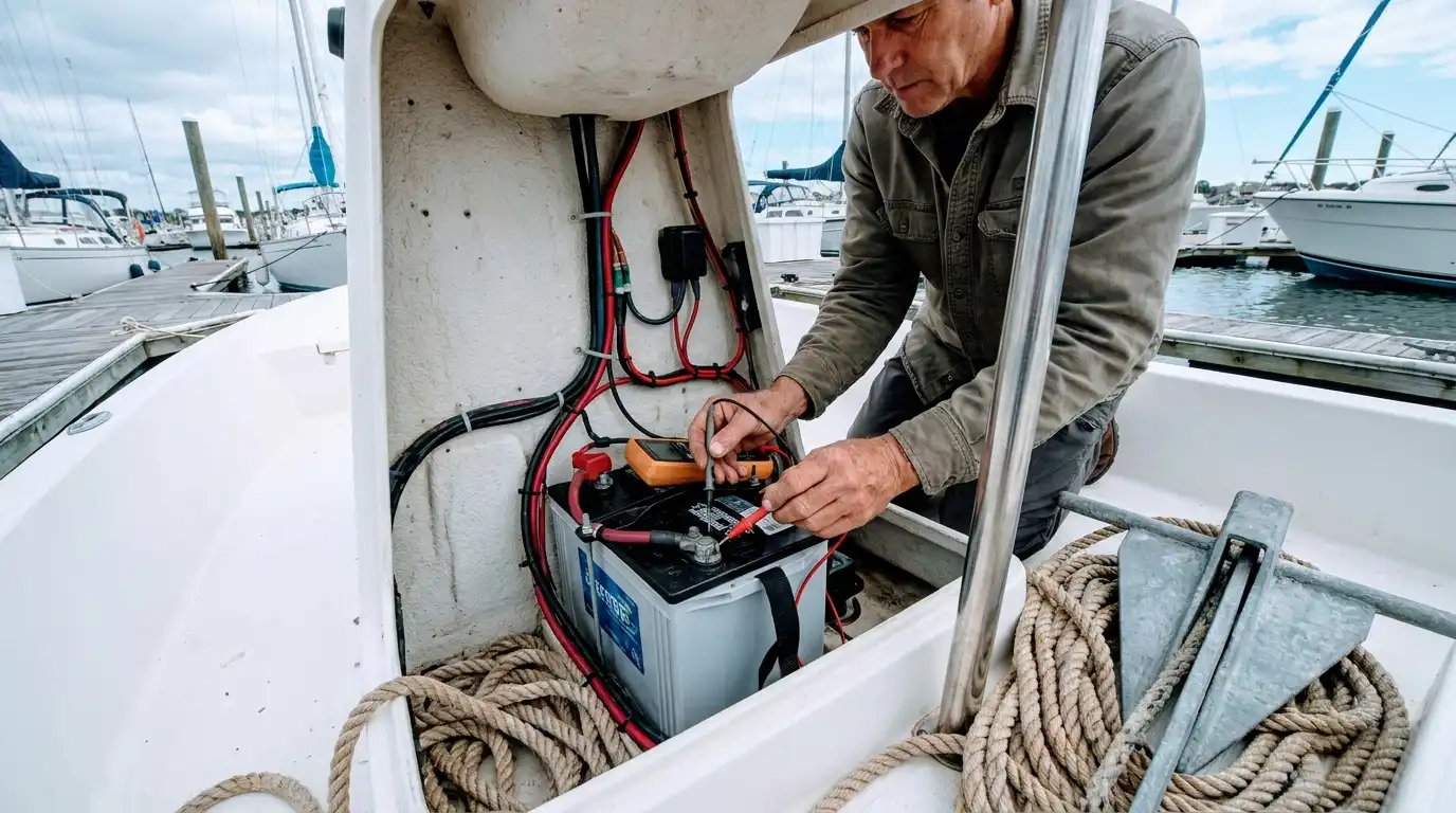 Boat owner checking marine battery voltage
