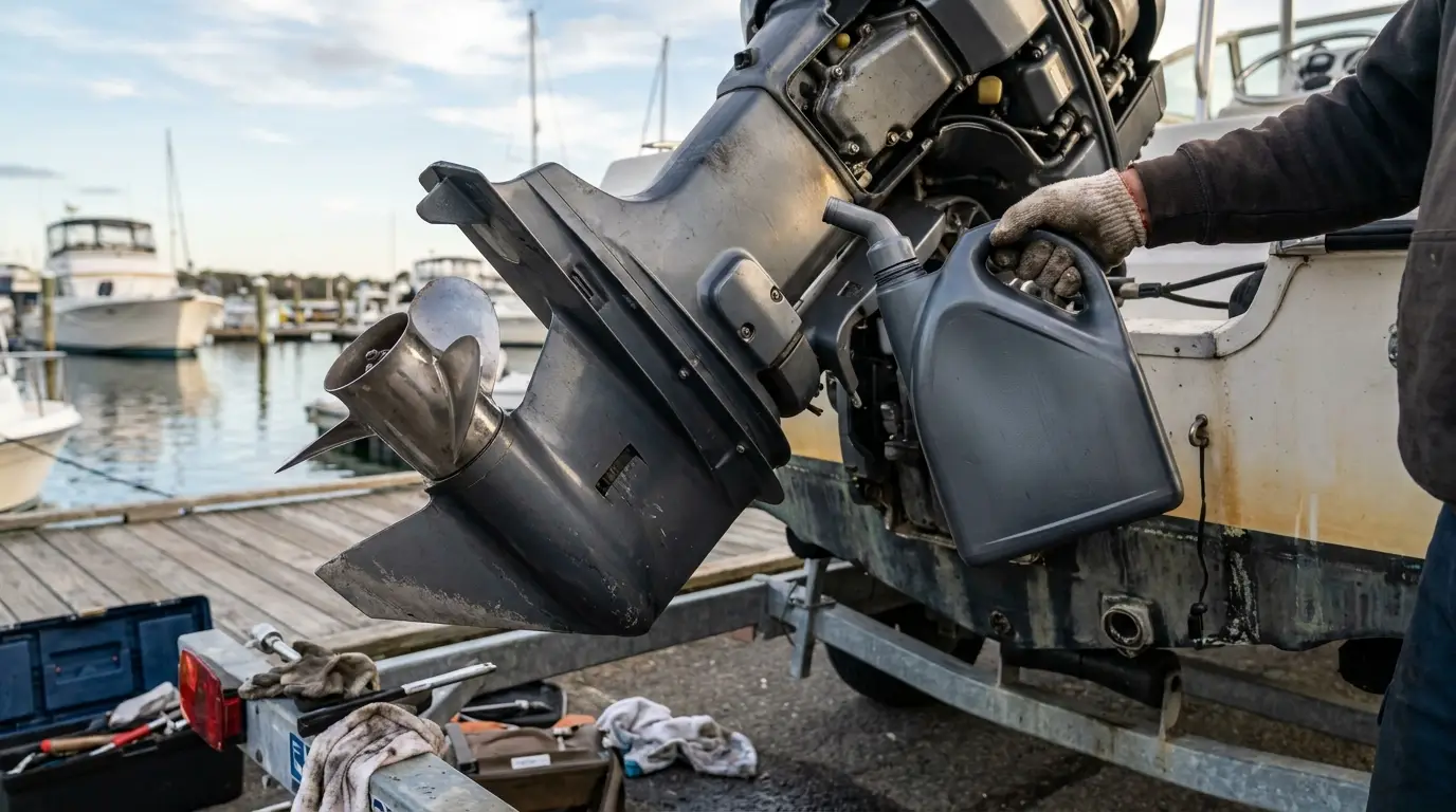 Boat owner checking marine engine oil container beside open outboard on dock