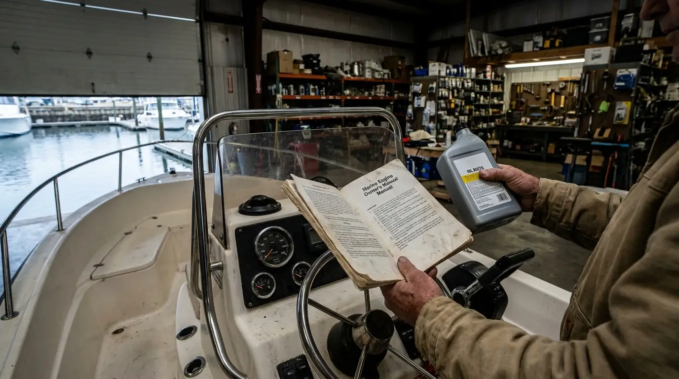 Boat owner checking oil label against engine manual