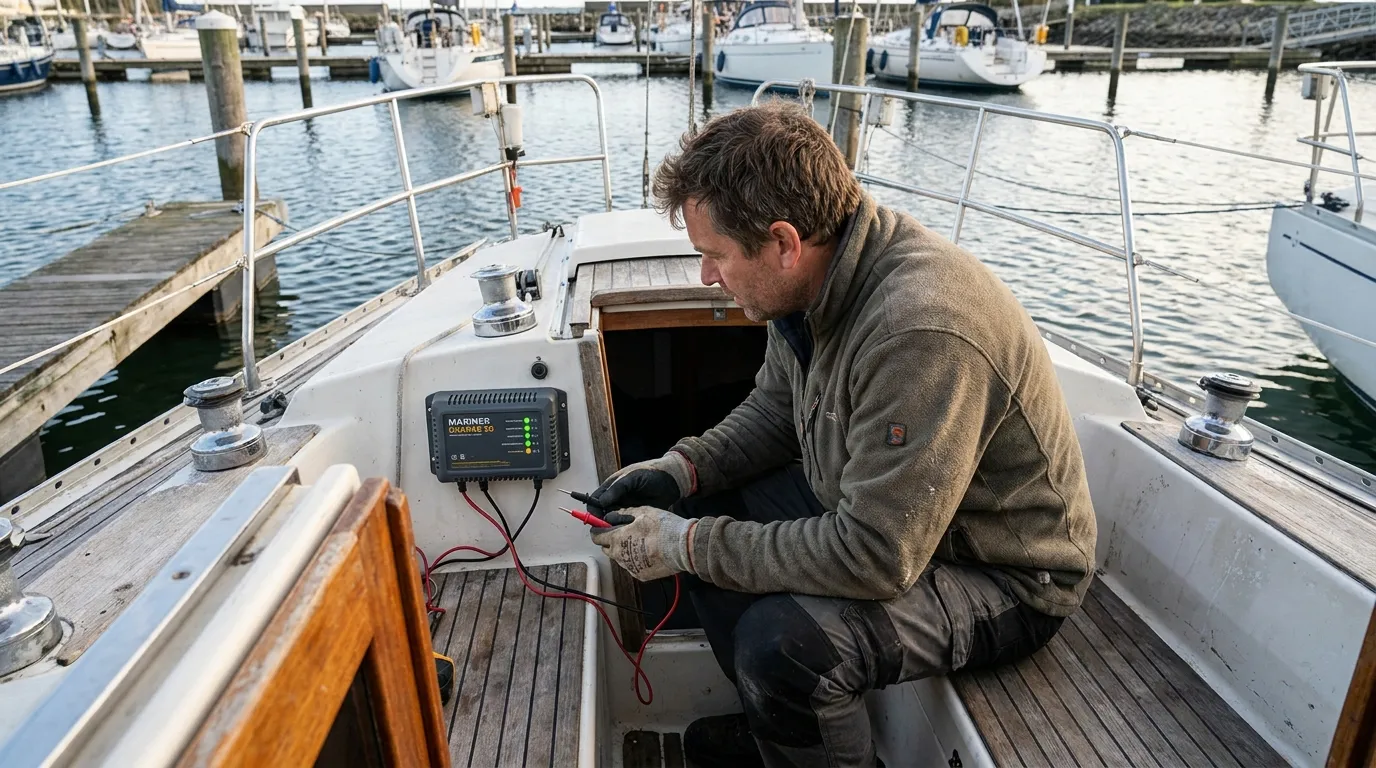 Boat owner checking onboard charger