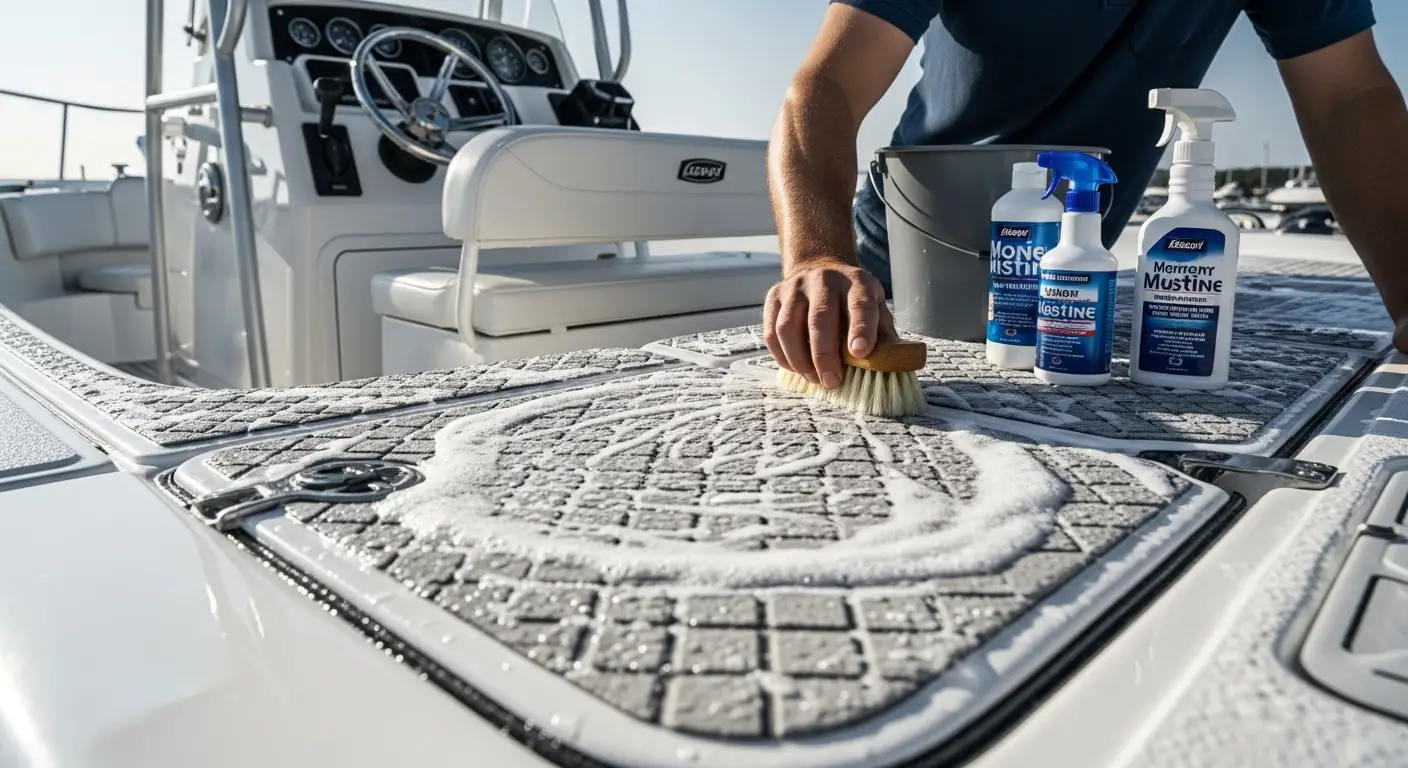 Boat owner cleaning fiberglass deck with soft brush and bucket