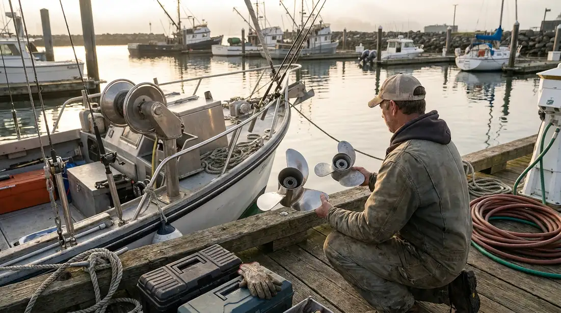 Boat owner comparing different marine propellers on a dock