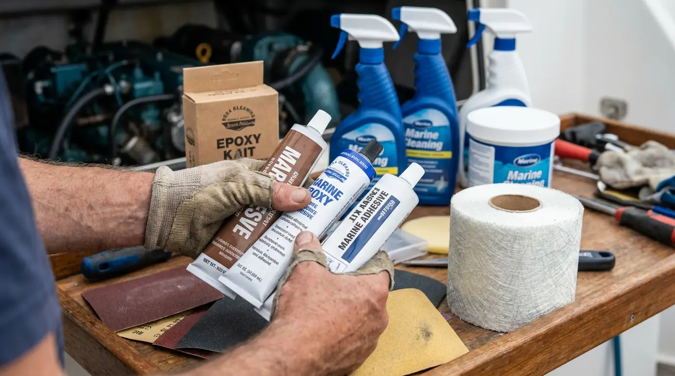 Boat owner comparing marine adhesive tubes and repair materials on a workbench