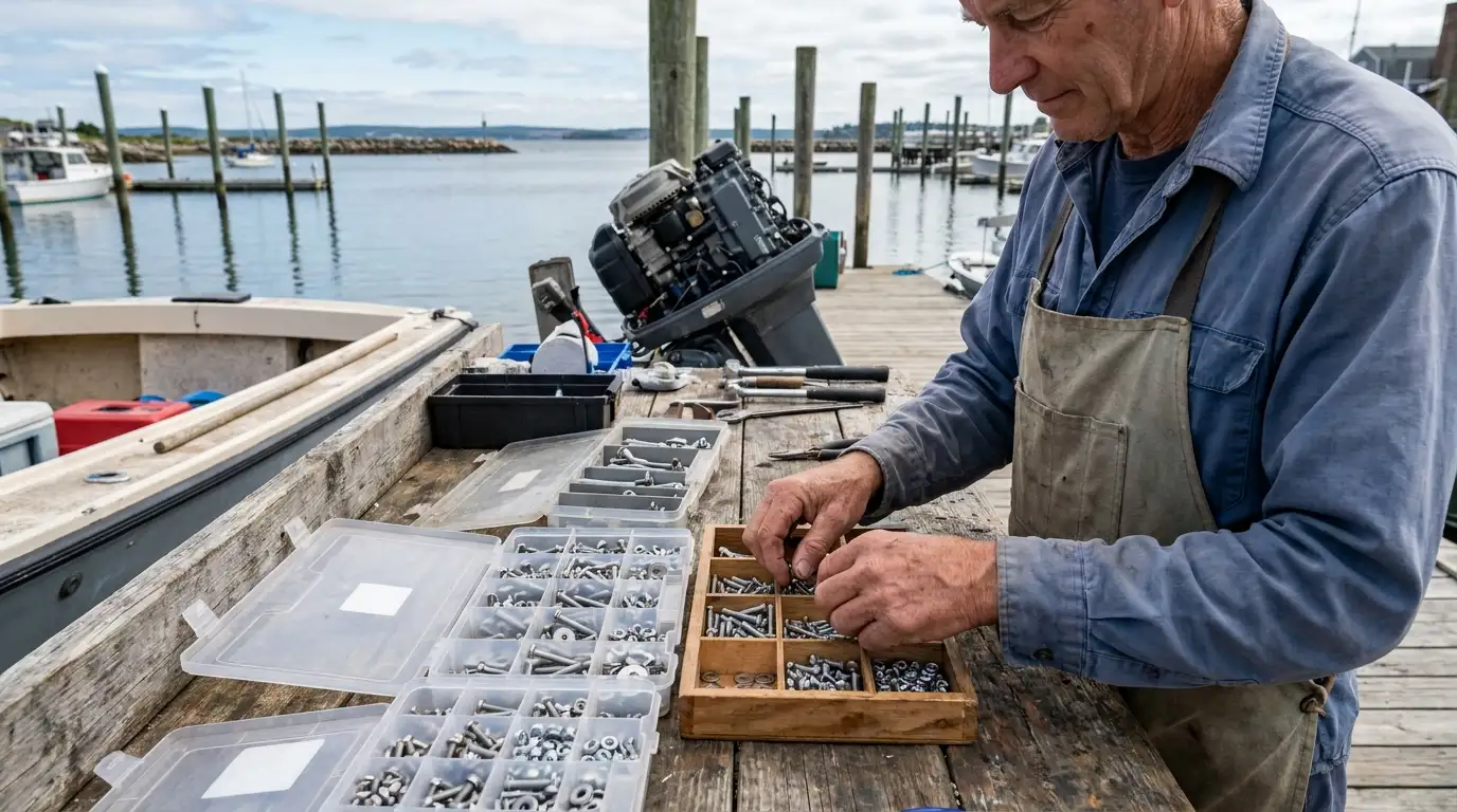 Boat owner comparing stainless screws bolts and washers