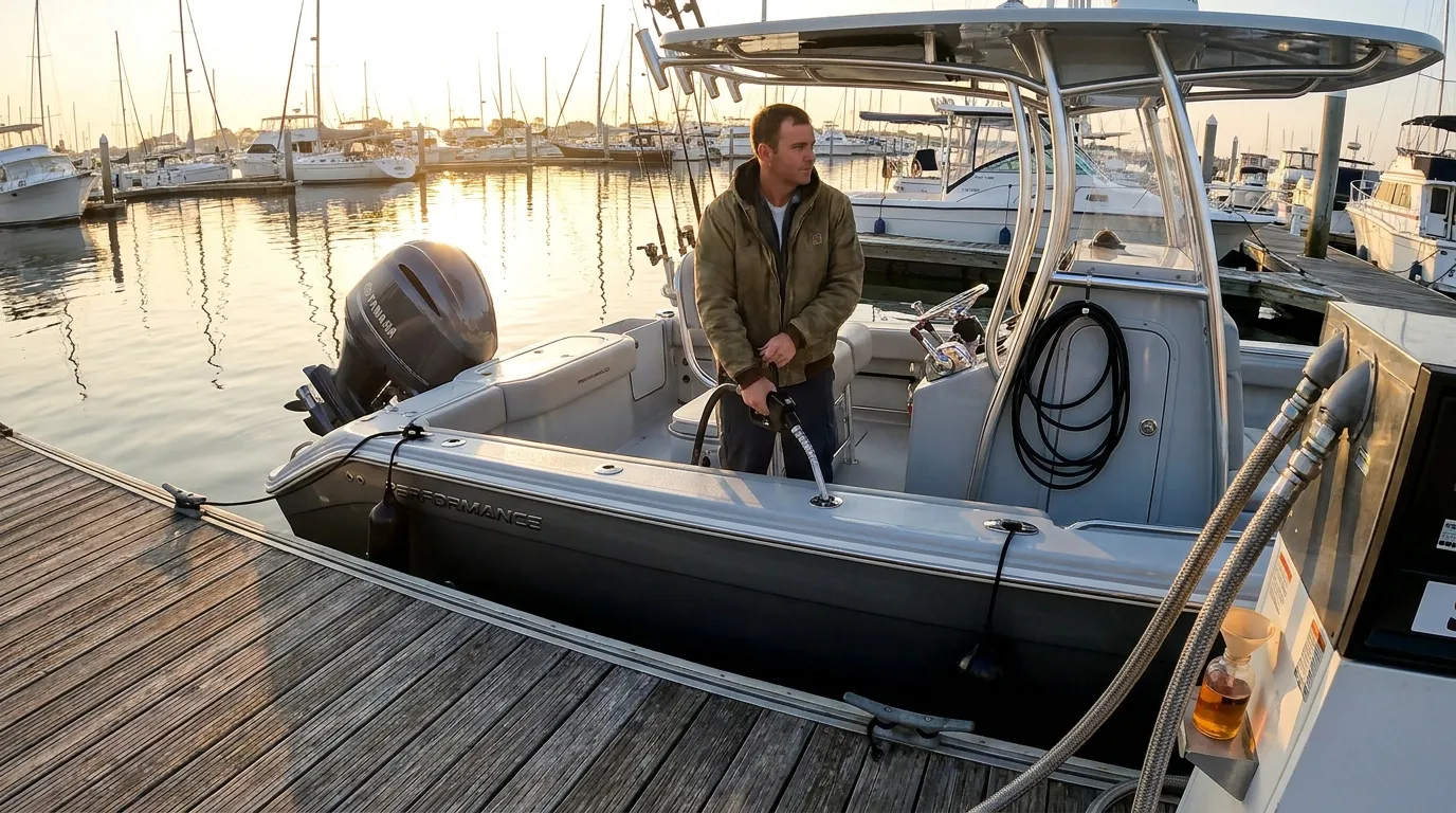 Boat owner fueling an outboard at a marina
