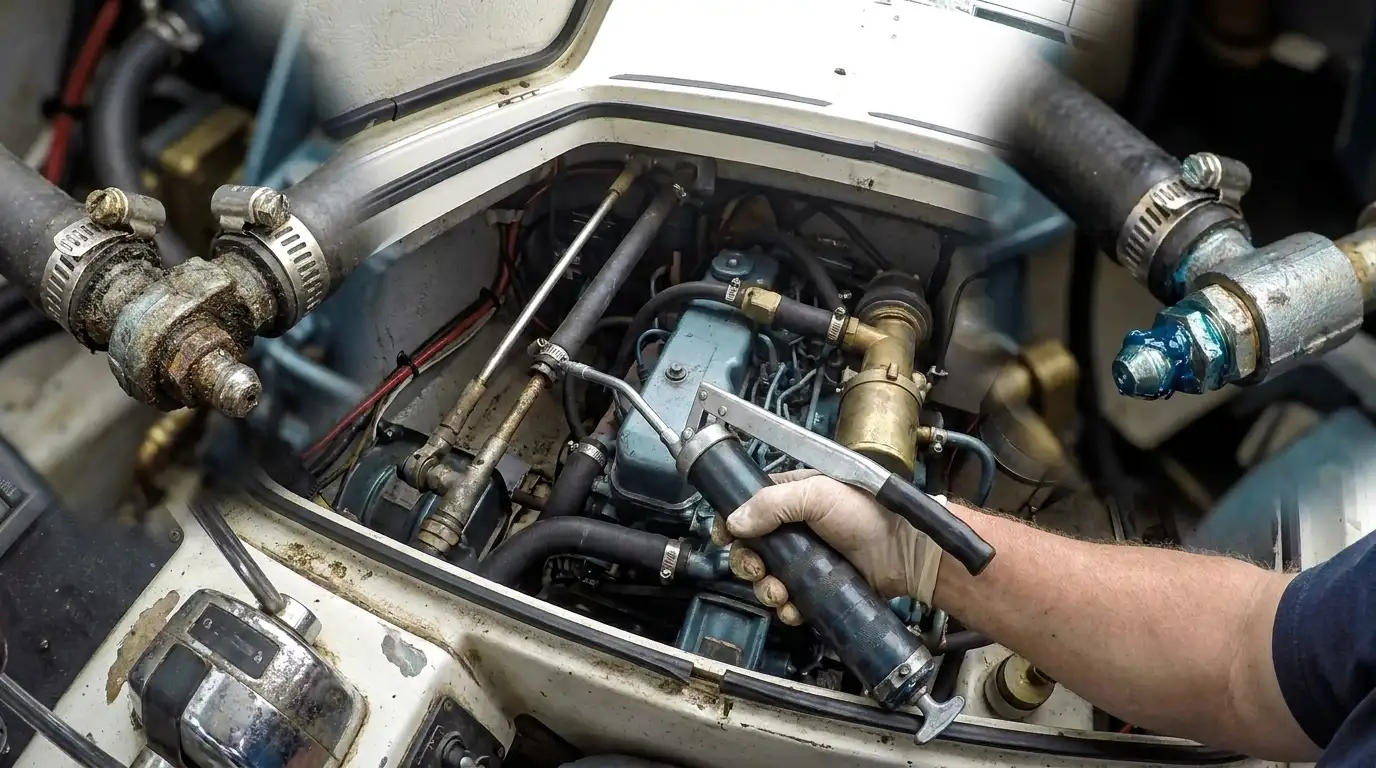 Boat owner greasing steering fittings in an engine bay