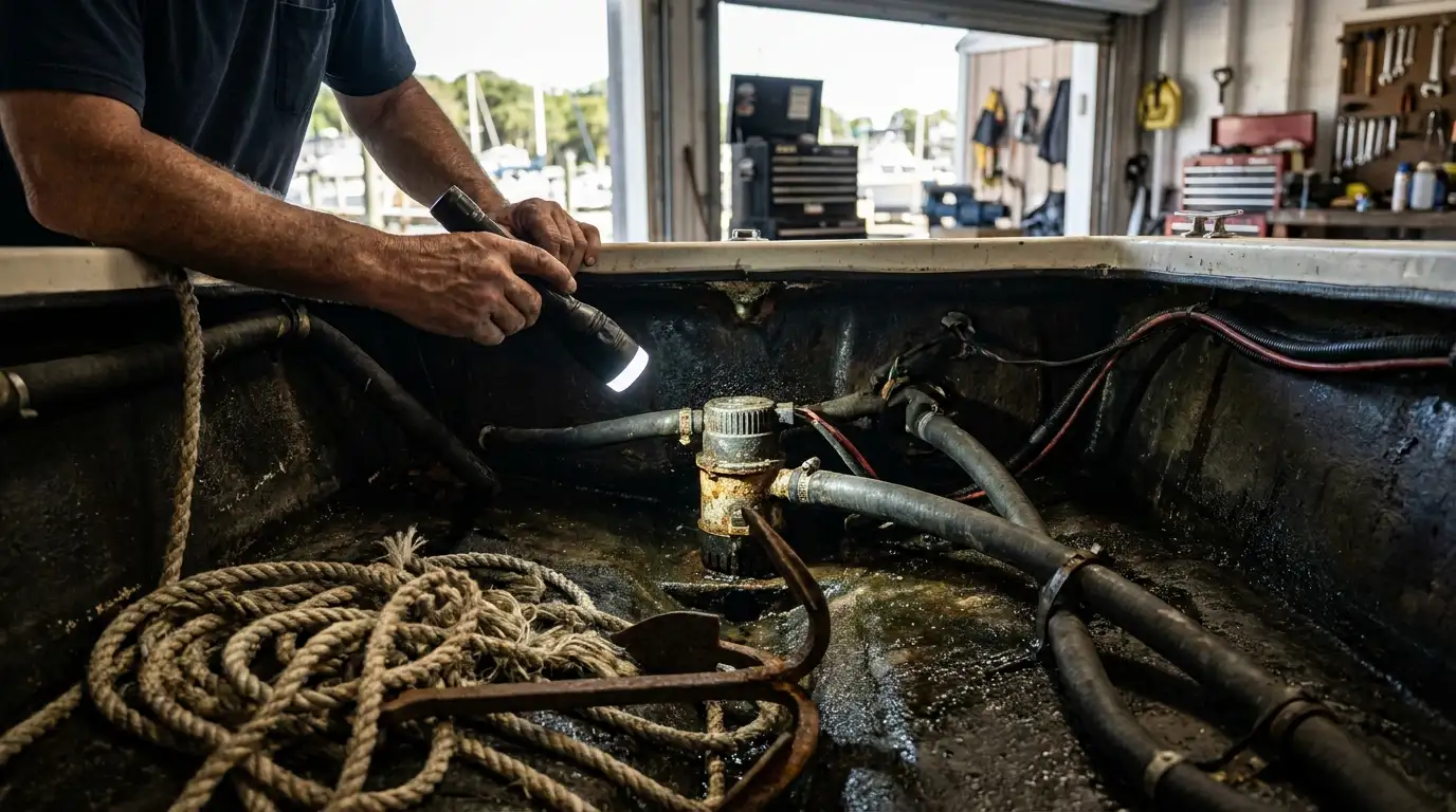Boat owner inspecting a bilge pump compartment