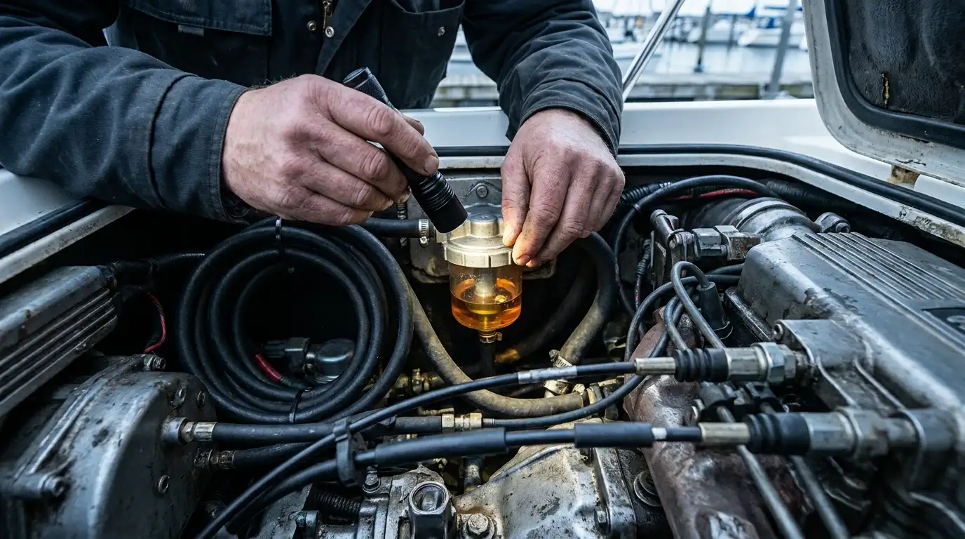 Boat owner inspecting a clear marine fuel filter bowl