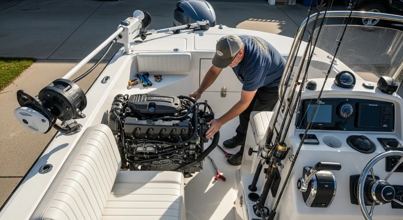 Boat owner inspecting an outboard engine in a driveway with tools and hose nearby