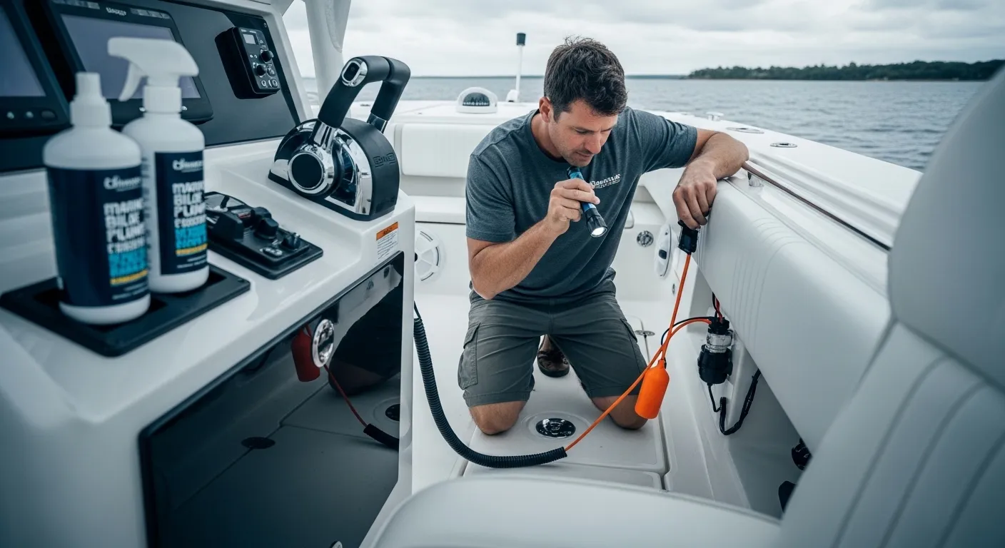 Boat owner inspecting bilge pump wiring