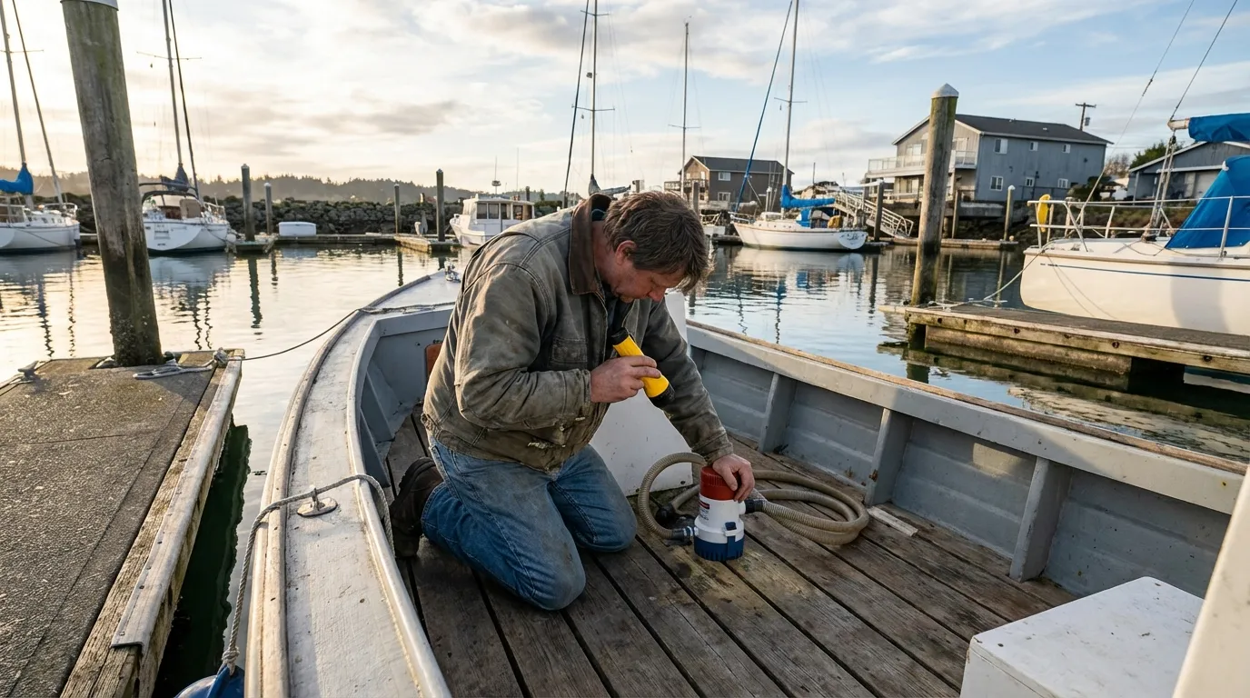 Boat owner inspecting bilge pump with flashlight