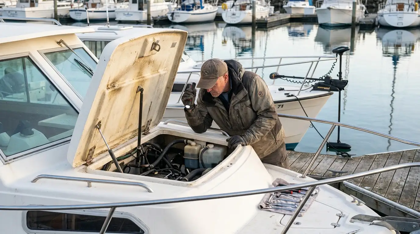 Boat owner inspecting engine compartment