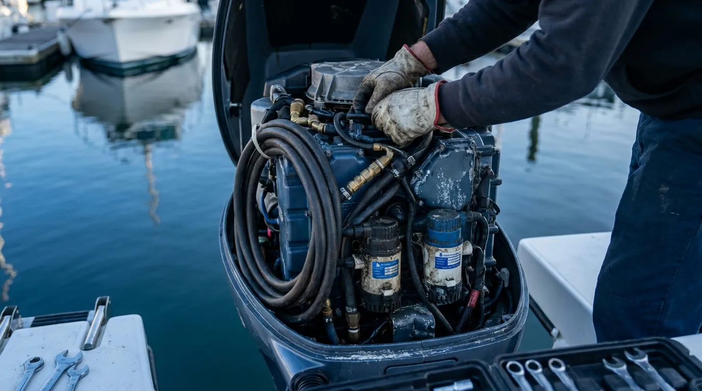 boat owner inspecting engine compartment