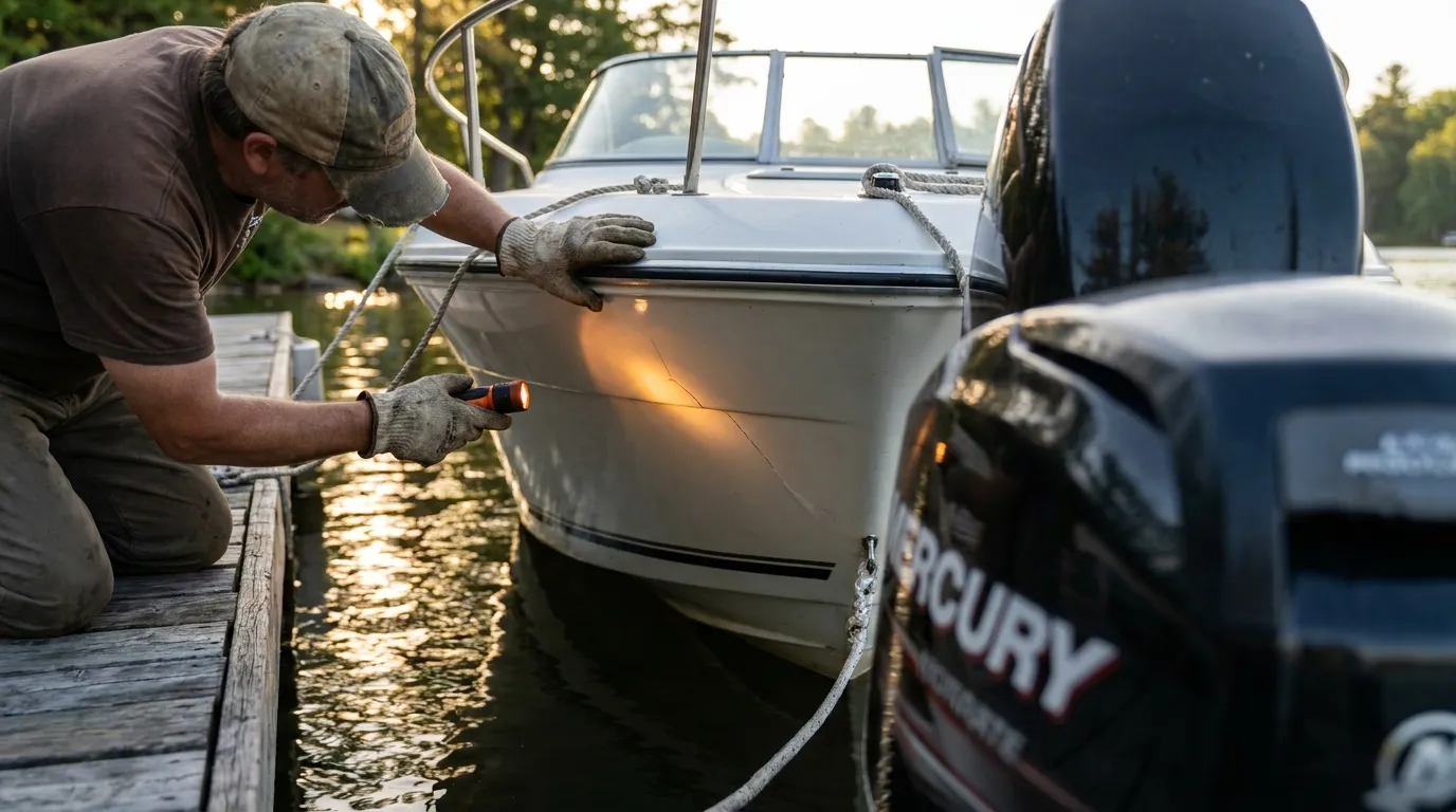 Boat owner inspecting fiberglass hull crack