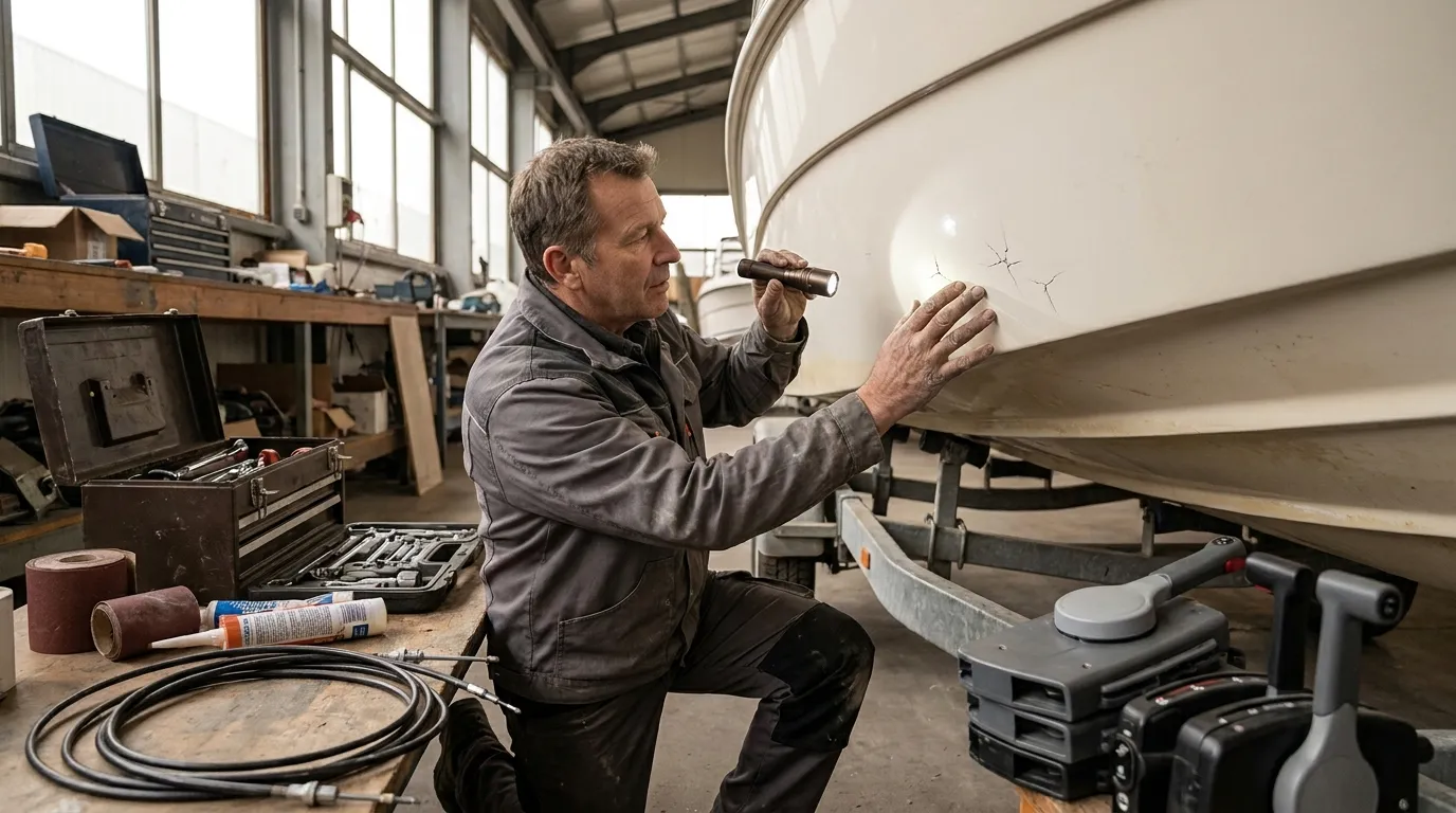 Boat owner inspecting fiberglass hull damage