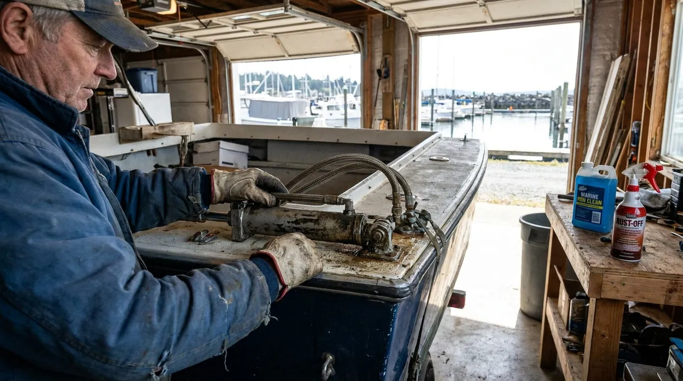 Boat owner inspecting hydraulic steering cylinder