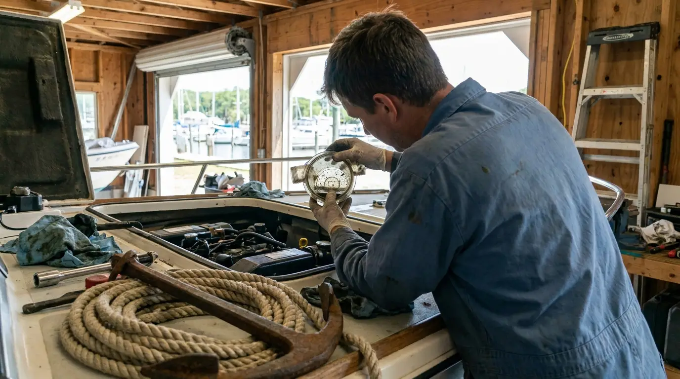 Boat owner inspecting raw-water strainer